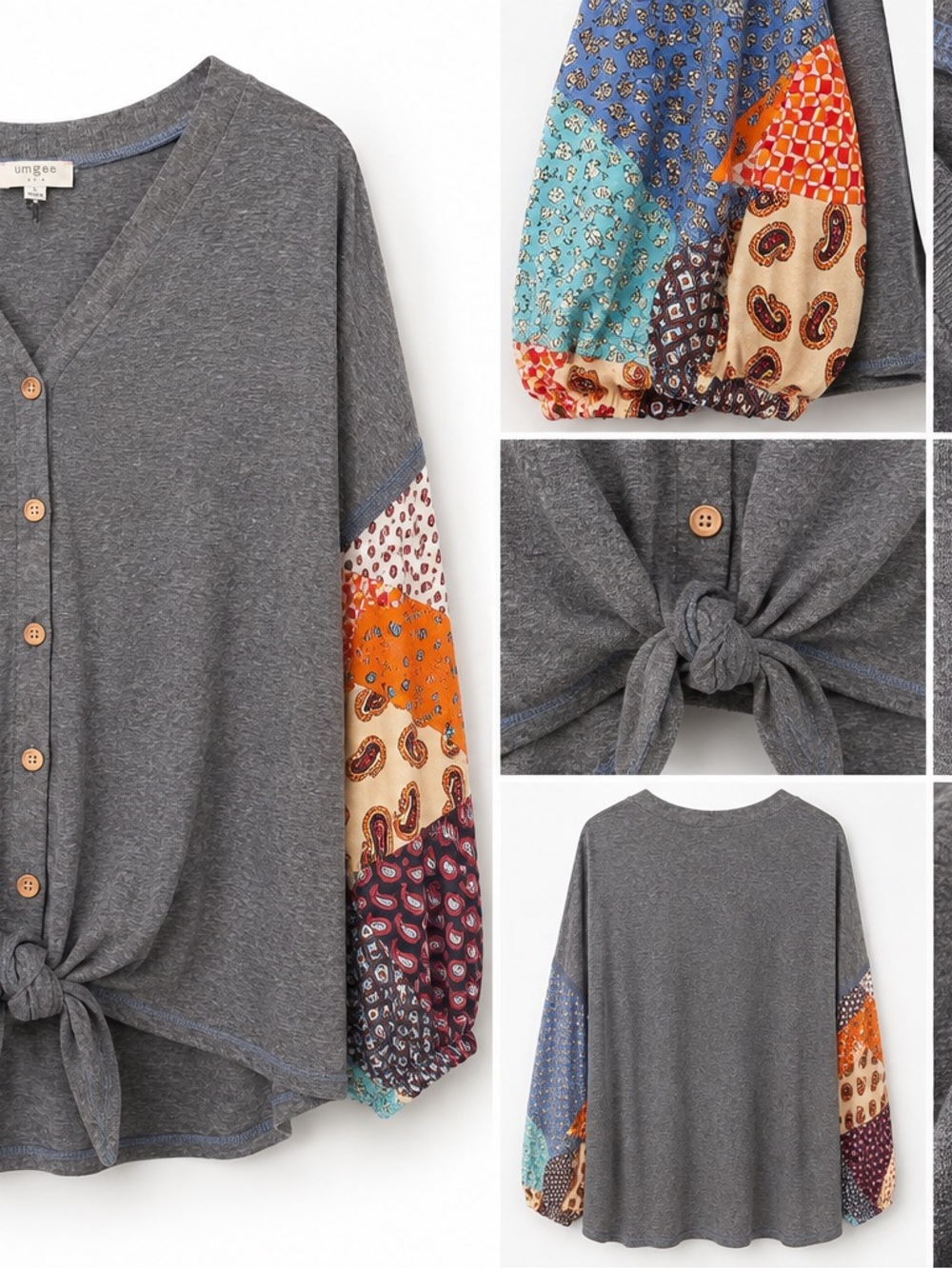 Umgee Gray Button-Front Tie-Hem Top with Multicolor Patchwork Balloon Sleeves